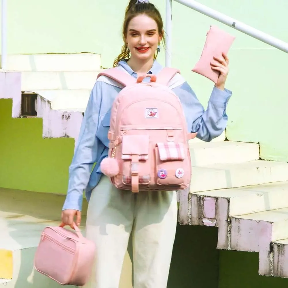 gxtvo 3PCS Girls Backpack, Water Resistant Aesthetic Bookbag with Lunch Box, 17 Inch Cute Anti Theft School Bag Set for College Teenagers Senior Junior Elementary - Pink