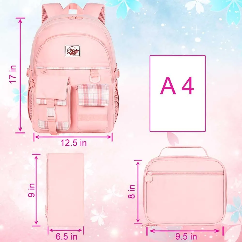gxtvo 3PCS Girls Backpack, Water Resistant Aesthetic Bookbag with Lunch Box, 17 Inch Cute Anti Theft School Bag Set for College Teenagers Senior Junior Elementary - Pink