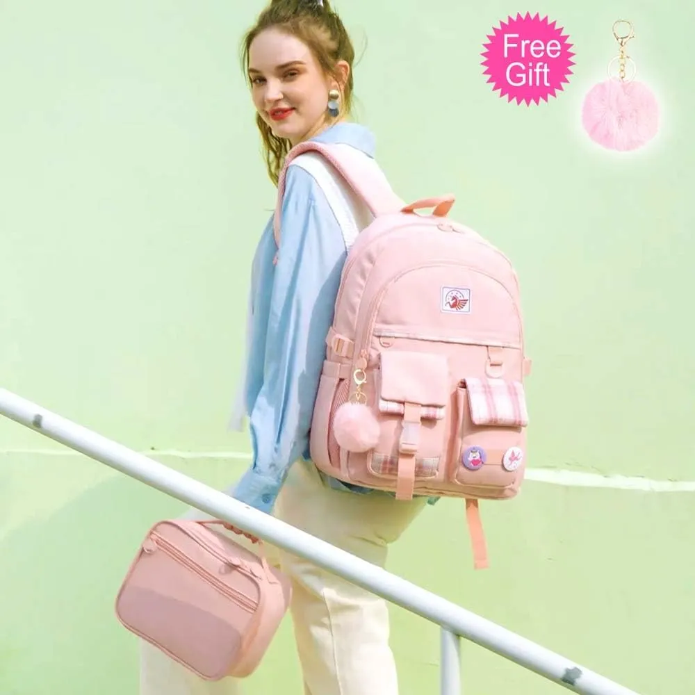 gxtvo 3PCS Girls Backpack, Water Resistant Aesthetic Bookbag with Lunch Box, 17 Inch Cute Anti Theft School Bag Set for College Teenagers Senior Junior Elementary - Pink
