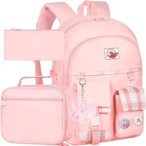 gxtvo 3PCS Girls Backpack, Water Resistant Aesthetic Bookbag with Lunch Box, 17 Inch Cute Anti Theft School Bag Set for College Teenagers Senior Junior Elementary - Pink