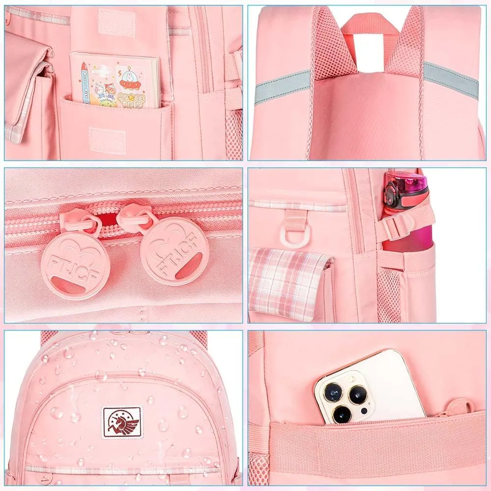 gxtvo 3PCS Girls Backpack, Water Resistant Aesthetic Bookbag with Lunch Box, 17 Inch Cute Anti Theft School Bag Set for College Teenagers Senior Junior Elementary - Pink