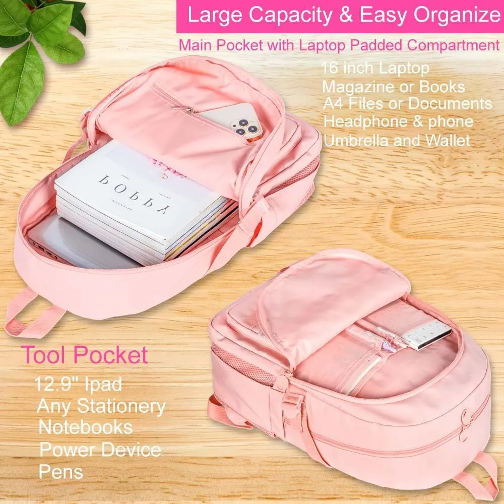 gxtvo 3PCS Girls Backpack, Water Resistant Aesthetic Bookbag with Lunch Box, 17 Inch Cute Anti Theft School Bag Set for College Teenagers Senior Junior Elementary - Pink