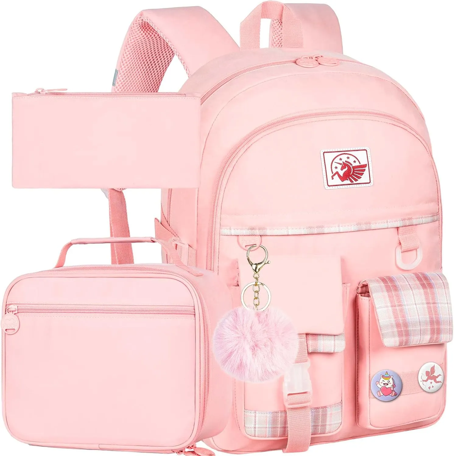 gxtvo 3PCS Girls Backpack, Water Resistant Aesthetic Bookbag with Lunch Box, 17 Inch Cute Anti Theft School Bag Set for College Teenagers Senior Junior Elementary - Pink
