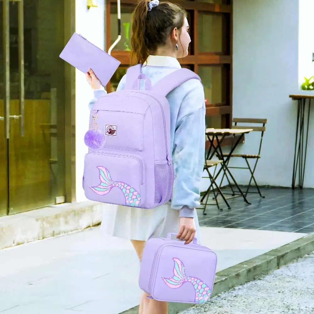 gxtvo 3PCS Girls Backpack, Water Resistant Aesthetic Bookbag with Lunch Box, 18 Inch Cute Anti Theft School Bag Set for College Teenagers Senior Junior Elementary - Purple Memaind