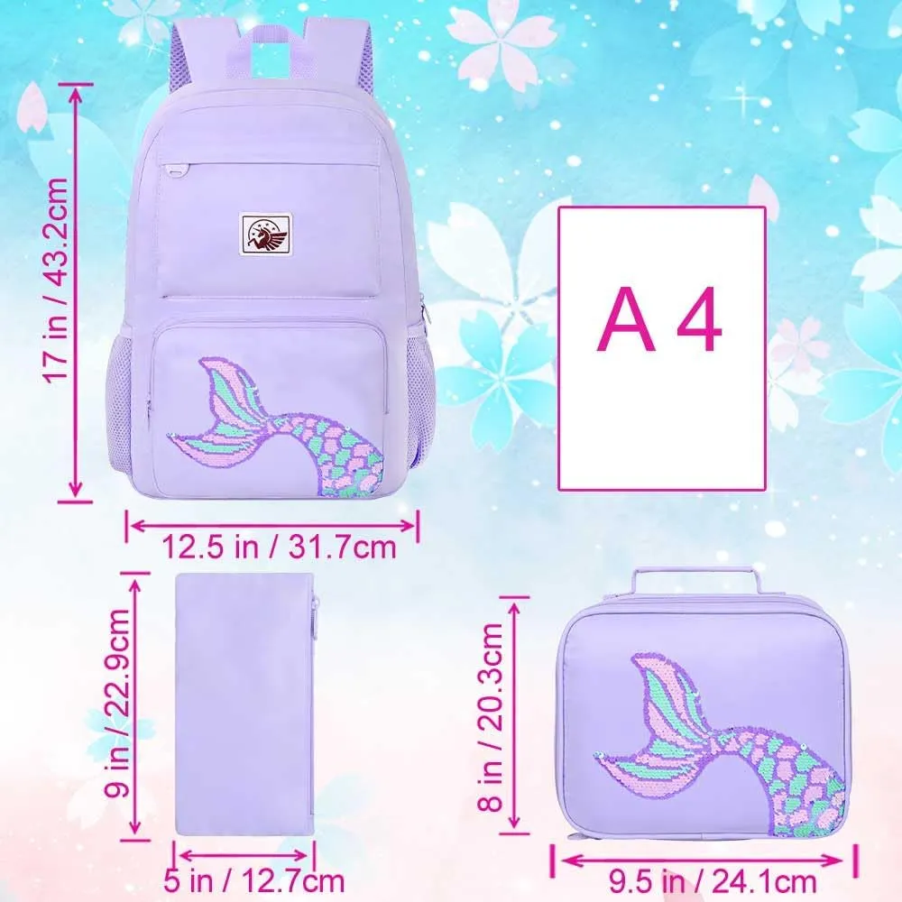gxtvo 3PCS Girls Backpack, Water Resistant Aesthetic Bookbag with Lunch Box, 18 Inch Cute Anti Theft School Bag Set for College Teenagers Senior Junior Elementary - Purple Memaind