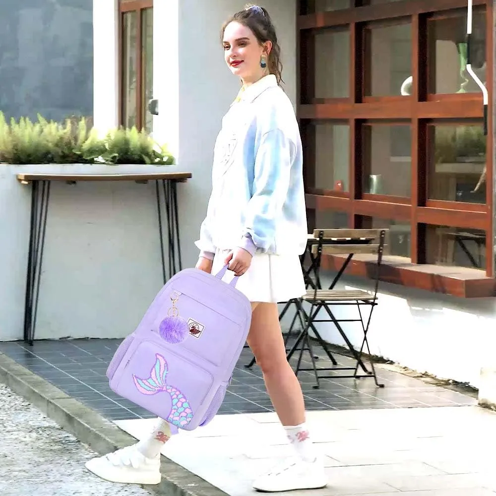 gxtvo 3PCS Girls Backpack, Water Resistant Aesthetic Bookbag with Lunch Box, 18 Inch Cute Anti Theft School Bag Set for College Teenagers Senior Junior Elementary - Purple Memaind