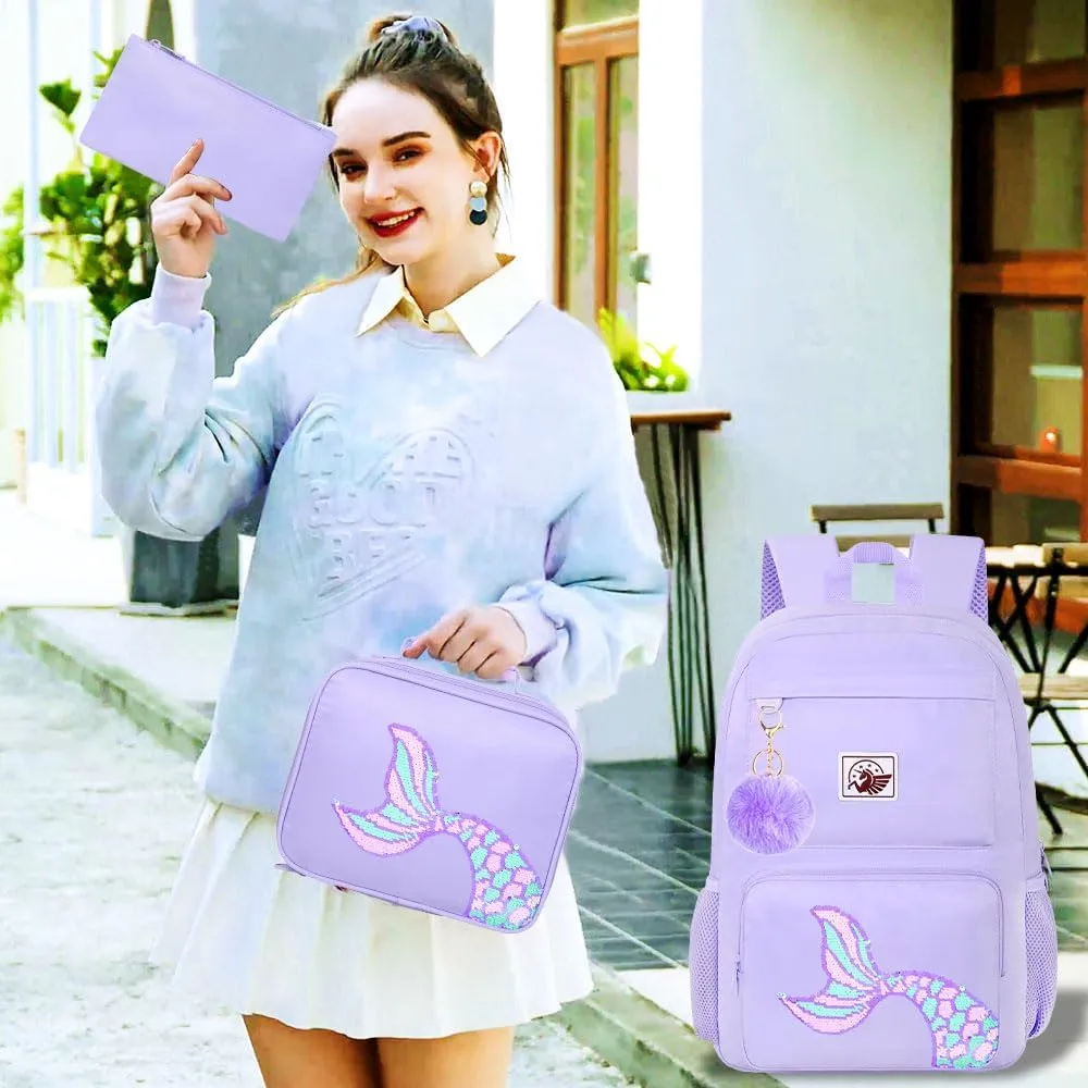 gxtvo 3PCS Girls Backpack, Water Resistant Aesthetic Bookbag with Lunch Box, 18 Inch Cute Anti Theft School Bag Set for College Teenagers Senior Junior Elementary - Purple Memaind