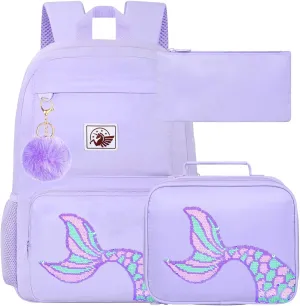 gxtvo 3PCS Girls Backpack, Water Resistant Aesthetic Bookbag with Lunch Box, 18 Inch Cute Anti Theft School Bag Set for College Teenagers Senior Junior Elementary - Purple Memaind