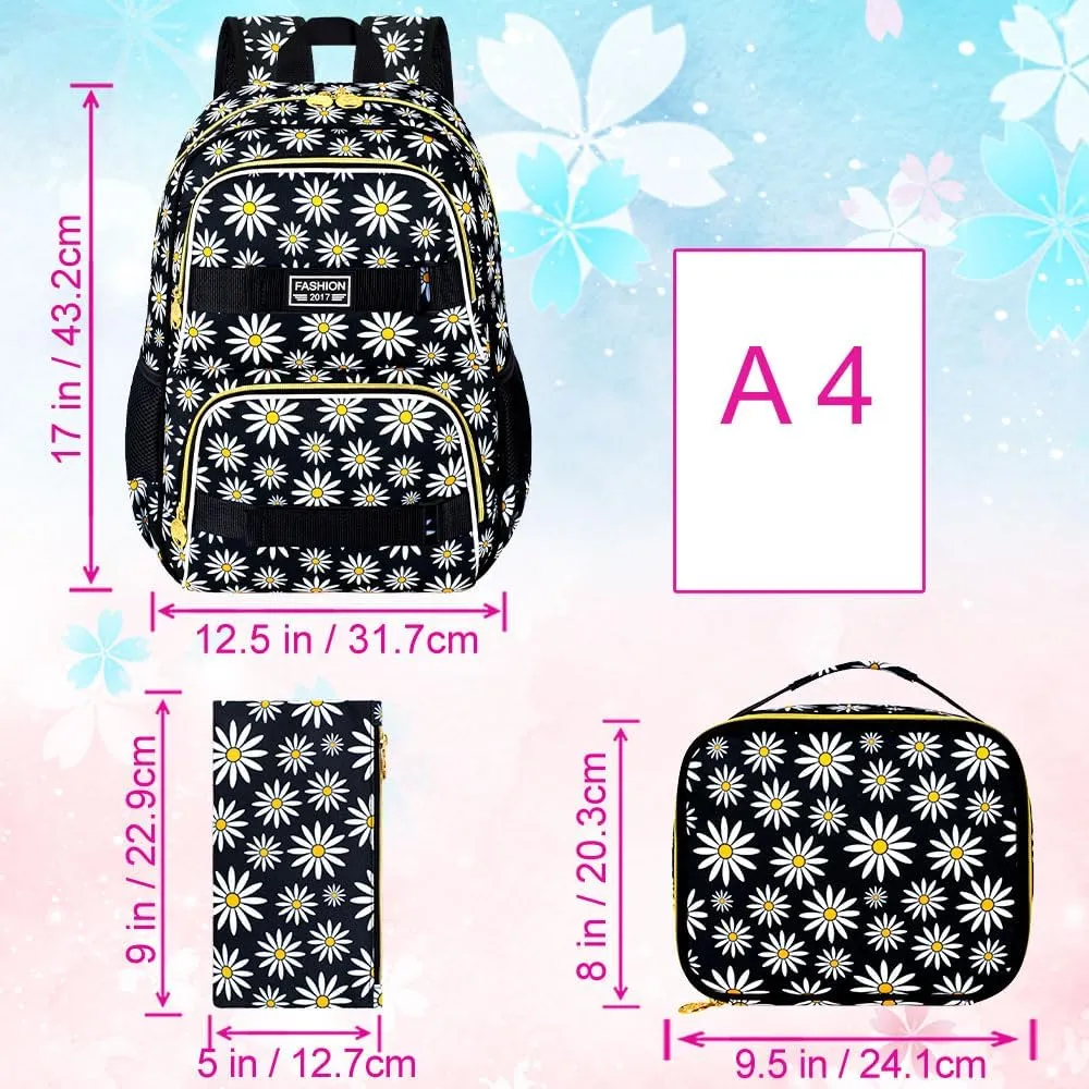 gxtvo 3PCS Girls Backpack, Water Resistant Womens School Bag With Lunch Box, 17 Inch Bookbag Set for College Teenagers.