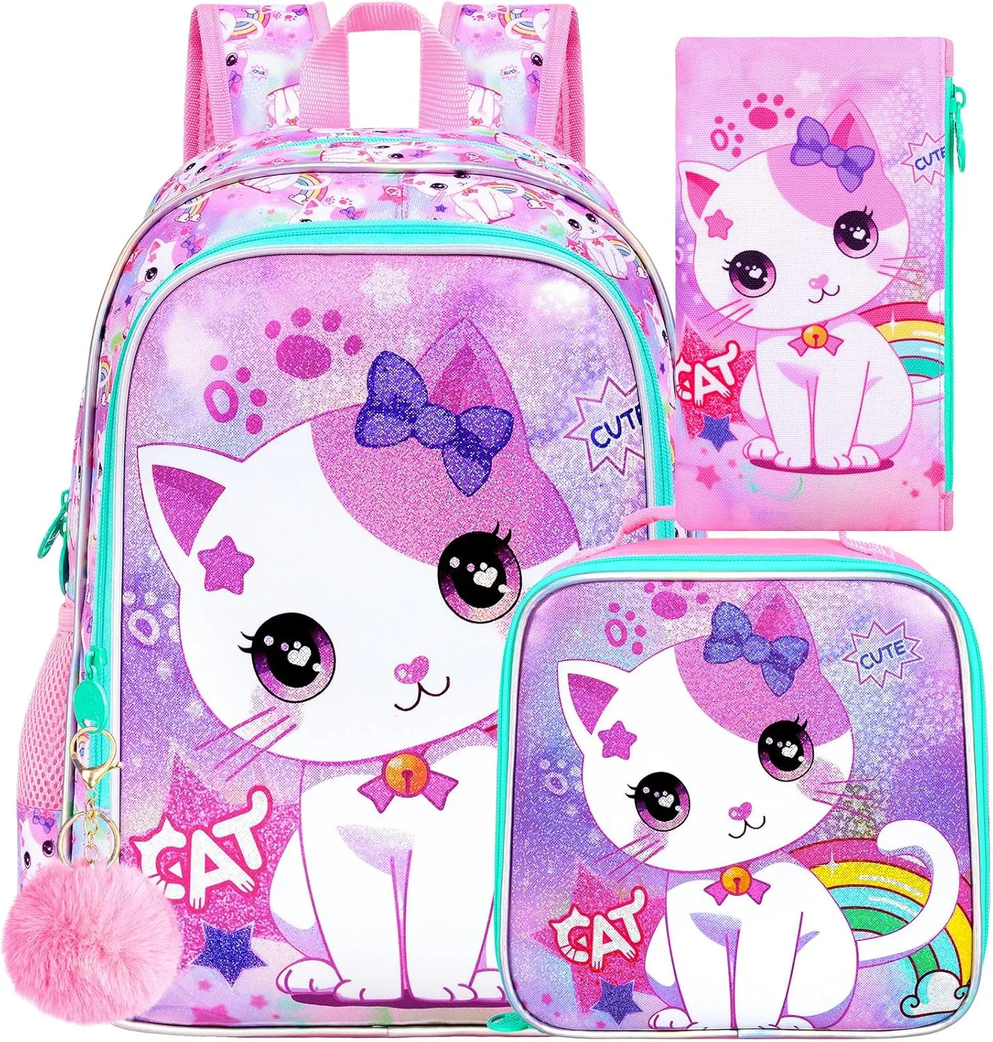 gxtvo 3PCS Girls Cat Backpack, 16" Kids Bookbag with Lunch Box, Water Resistant Elementary School Bag for Prechool Toddler