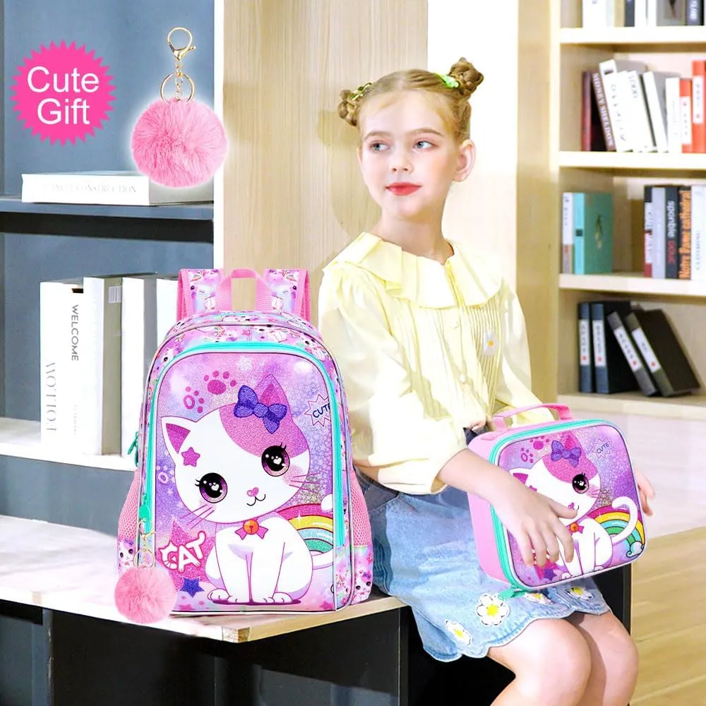 gxtvo 3PCS Girls Cat Backpack, 16" Kids Bookbag with Lunch Box, Water Resistant Elementary School Bag for Prechool Toddler
