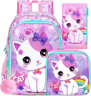 gxtvo 3PCS Girls Cat Backpack, 16" Kids Bookbag with Lunch Box, Water Resistant Elementary School Bag for Prechool Toddler