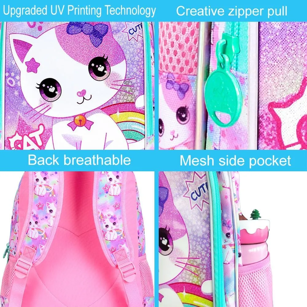 gxtvo 3PCS Girls Cat Backpack, 16" Kids Bookbag with Lunch Box, Water Resistant Elementary School Bag for Prechool Toddler