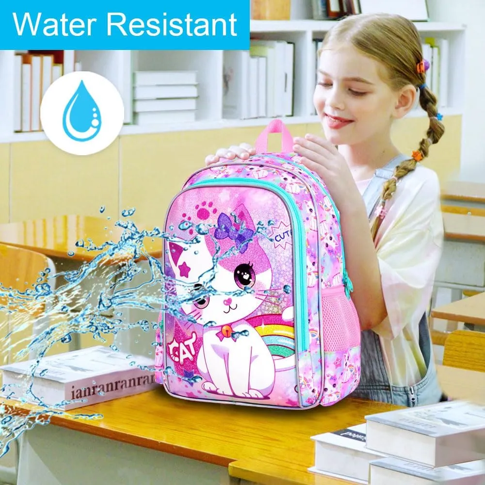 gxtvo 3PCS Girls Cat Backpack, 16" Kids Bookbag with Lunch Box, Water Resistant Elementary School Bag for Prechool Toddler