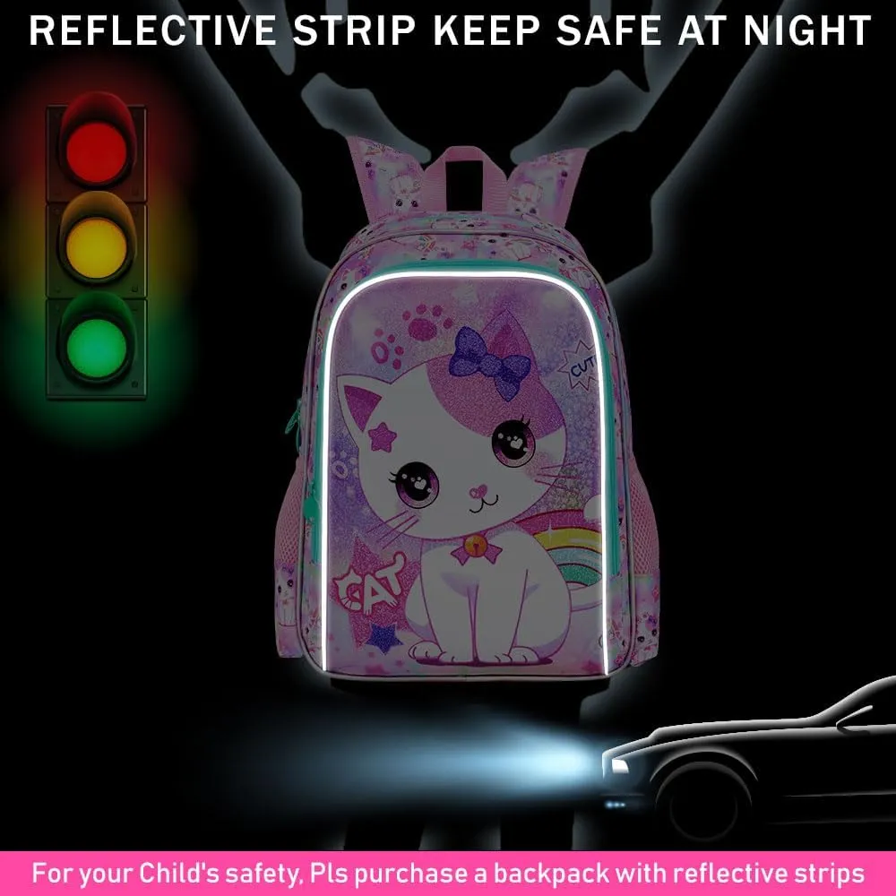 gxtvo 3PCS Girls Cat Backpack, 16" Kids Bookbag with Lunch Box, Water Resistant Elementary School Bag for Prechool Toddler