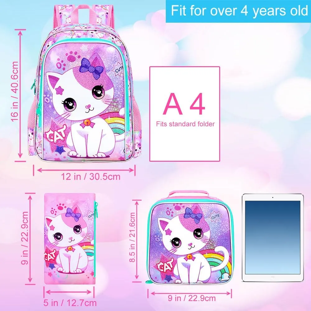 gxtvo 3PCS Girls Cat Backpack, 16" Kids Bookbag with Lunch Box, Water Resistant Elementary School Bag for Prechool Toddler