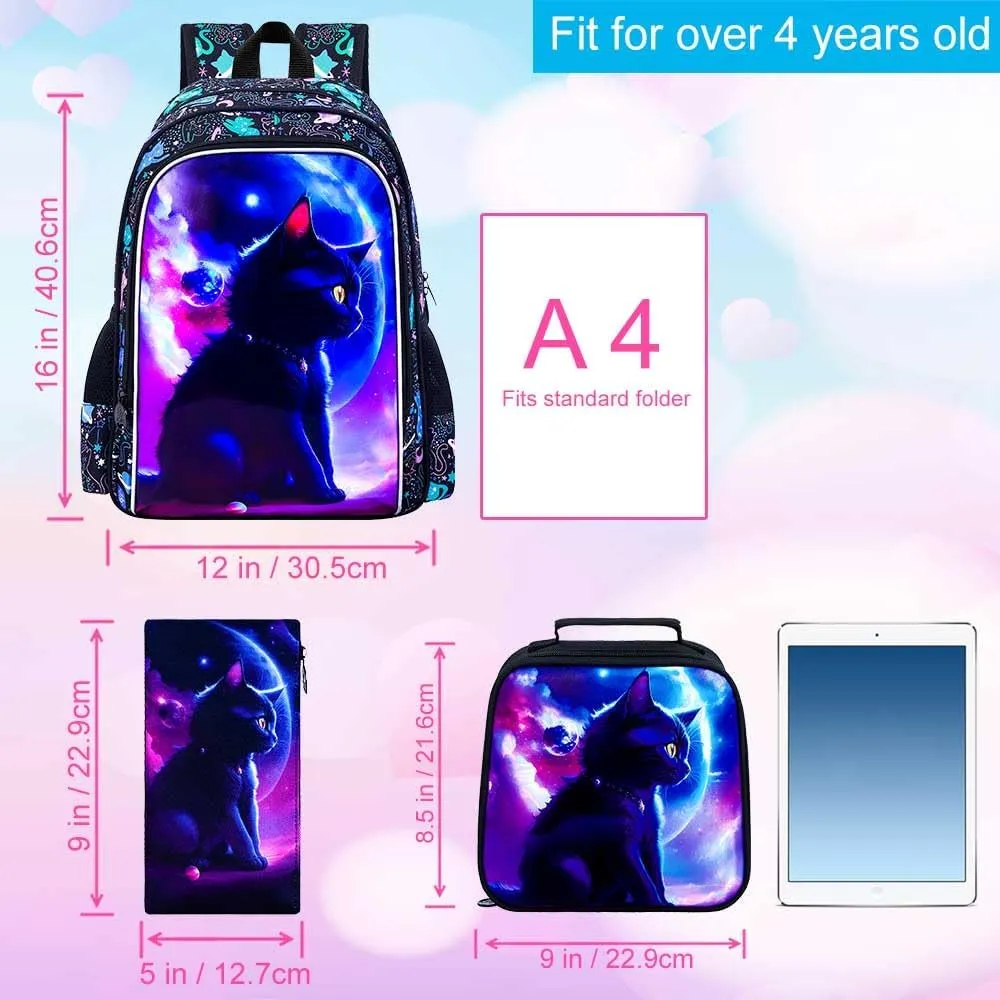 gxtvo 3PCS Girls Cat Bookbag, 16" Kids Backpack with Lunch Box, Water Resistant Elementary School Bag for Preschool Toddler