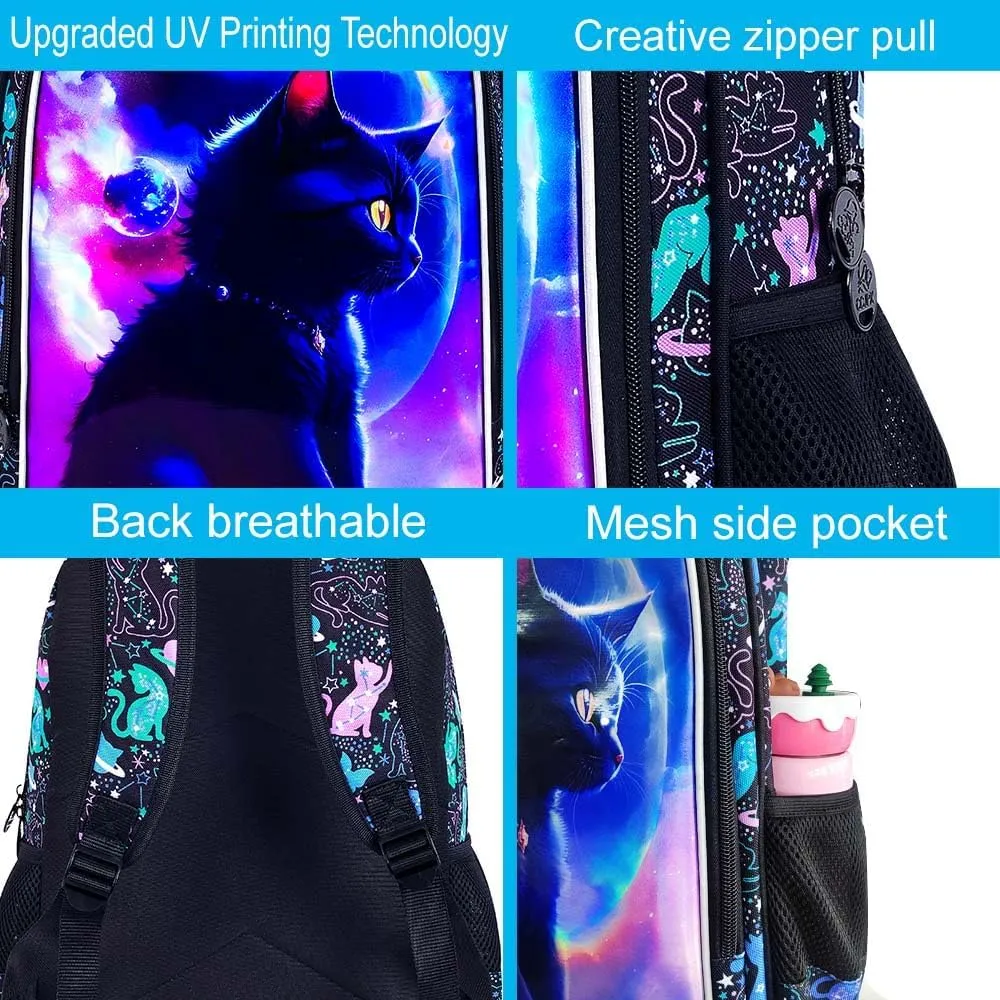 gxtvo 3PCS Girls Cat Bookbag, 16" Kids Backpack with Lunch Box, Water Resistant Elementary School Bag for Preschool Toddler