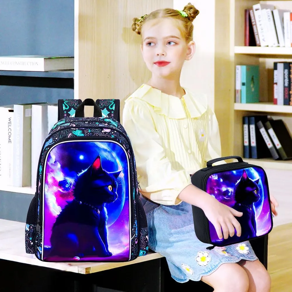 gxtvo 3PCS Girls Cat Bookbag, 16" Kids Backpack with Lunch Box, Water Resistant Elementary School Bag for Preschool Toddler