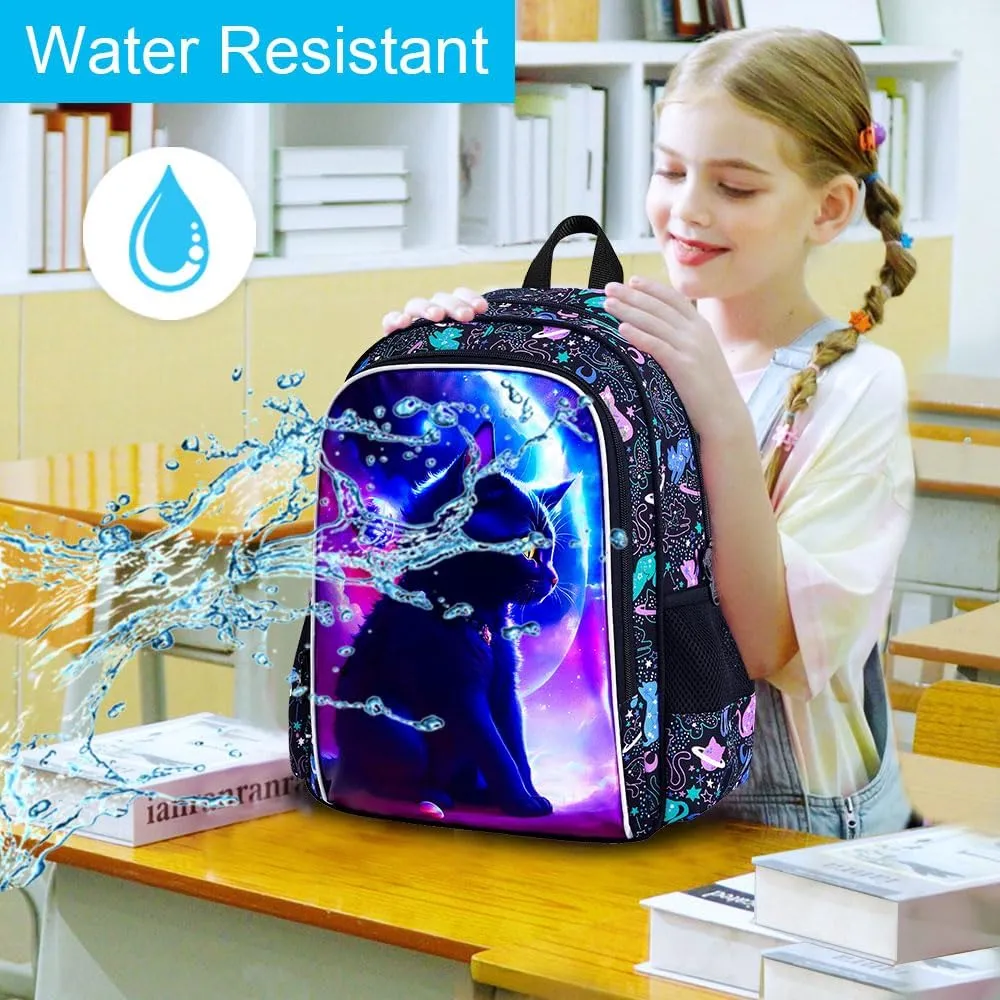 gxtvo 3PCS Girls Cat Bookbag, 16" Kids Backpack with Lunch Box, Water Resistant Elementary School Bag for Preschool Toddler