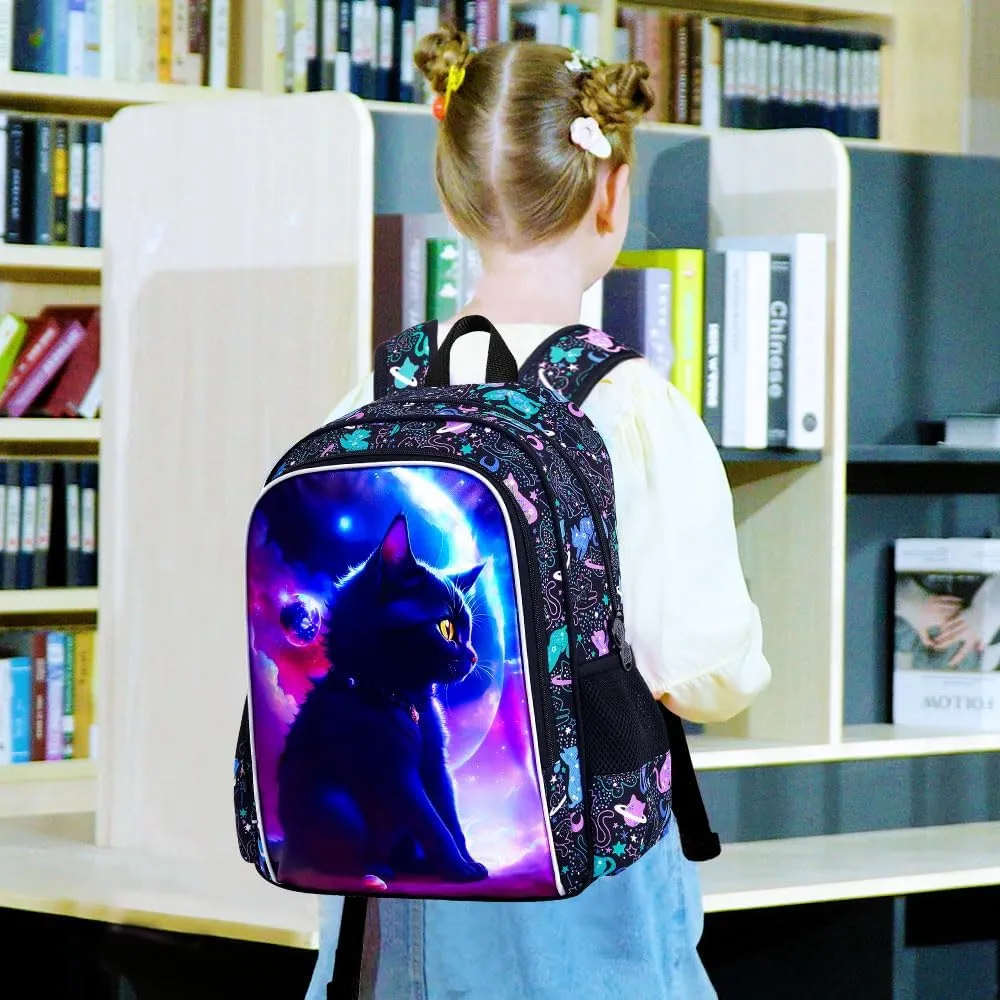 gxtvo 3PCS Girls Cat Bookbag, 16" Kids Backpack with Lunch Box, Water Resistant Elementary School Bag for Preschool Toddler