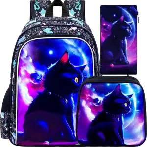gxtvo 3PCS Girls Cat Bookbag, 16" Kids Backpack with Lunch Box, Water Resistant Elementary School Bag for Preschool Toddler