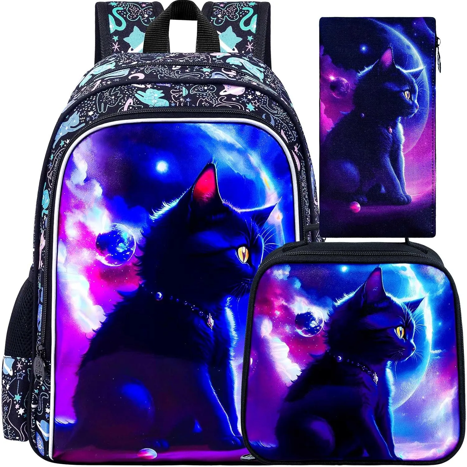 gxtvo 3PCS Girls Cat Bookbag, 16" Kids Backpack with Lunch Box, Water Resistant Elementary School Bag for Preschool Toddler