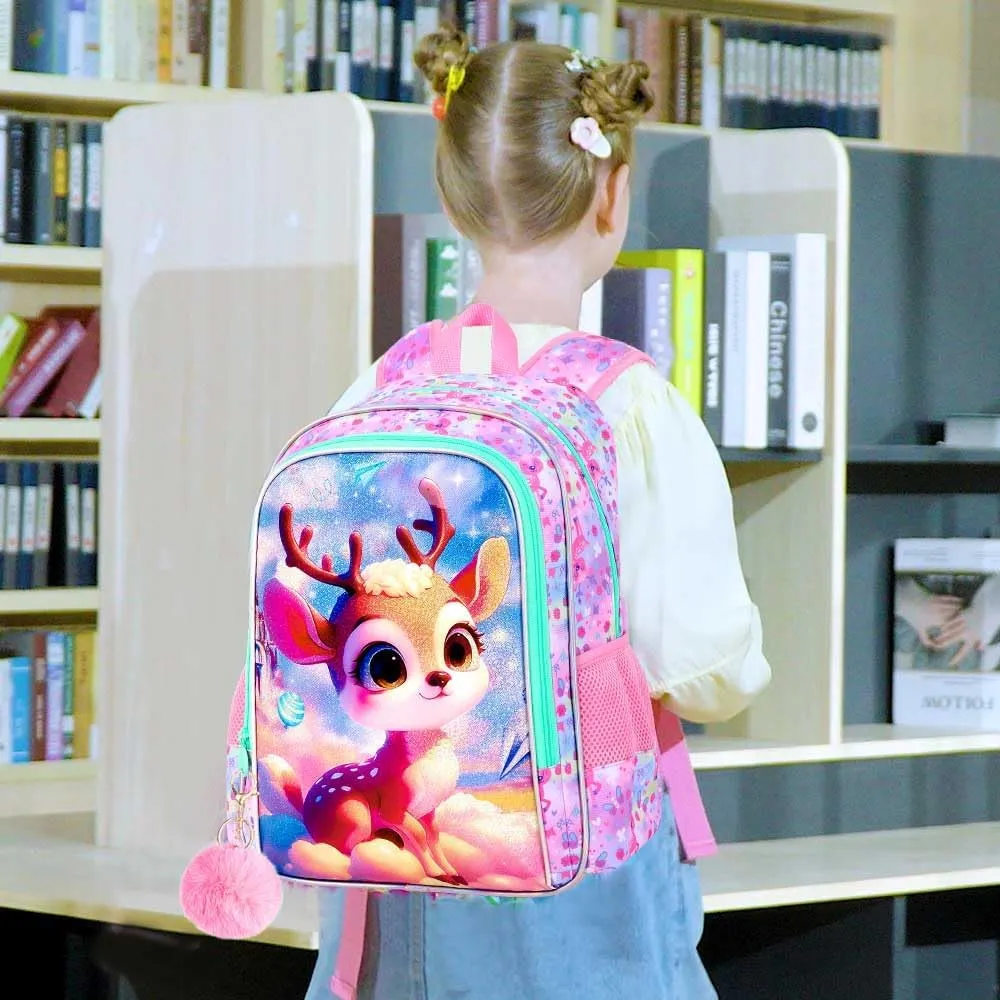 gxtvo 3PCS Girls Deer Bookbag, 16" Kids Backpack with Lunch Box, Water Resistant Elementary School Bag for Preschool Toddler