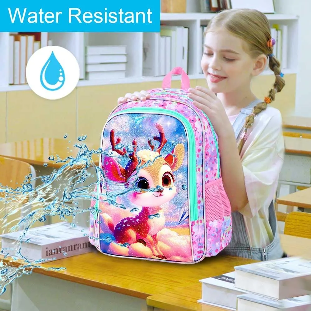 gxtvo 3PCS Girls Deer Bookbag, 16" Kids Backpack with Lunch Box, Water Resistant Elementary School Bag for Preschool Toddler