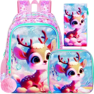 gxtvo 3PCS Girls Deer Bookbag, 16" Kids Backpack with Lunch Box, Water Resistant Elementary School Bag for Preschool Toddler