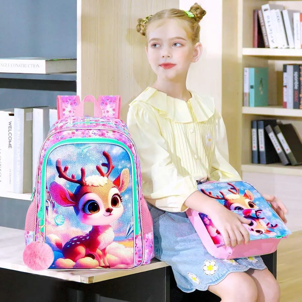 gxtvo 3PCS Girls Deer Bookbag, 16" Kids Backpack with Lunch Box, Water Resistant Elementary School Bag for Preschool Toddler