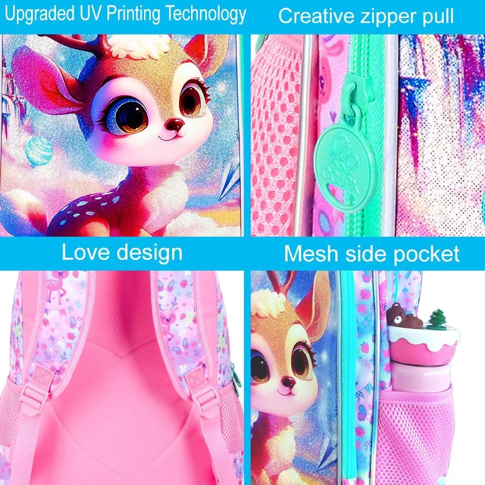 gxtvo 3PCS Girls Deer Bookbag, 16" Kids Backpack with Lunch Box, Water Resistant Elementary School Bag for Preschool Toddler