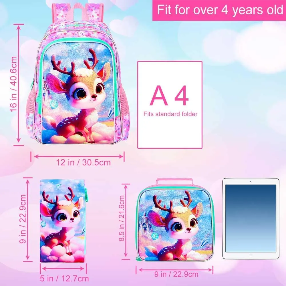 gxtvo 3PCS Girls Deer Bookbag, 16" Kids Backpack with Lunch Box, Water Resistant Elementary School Bag for Preschool Toddler