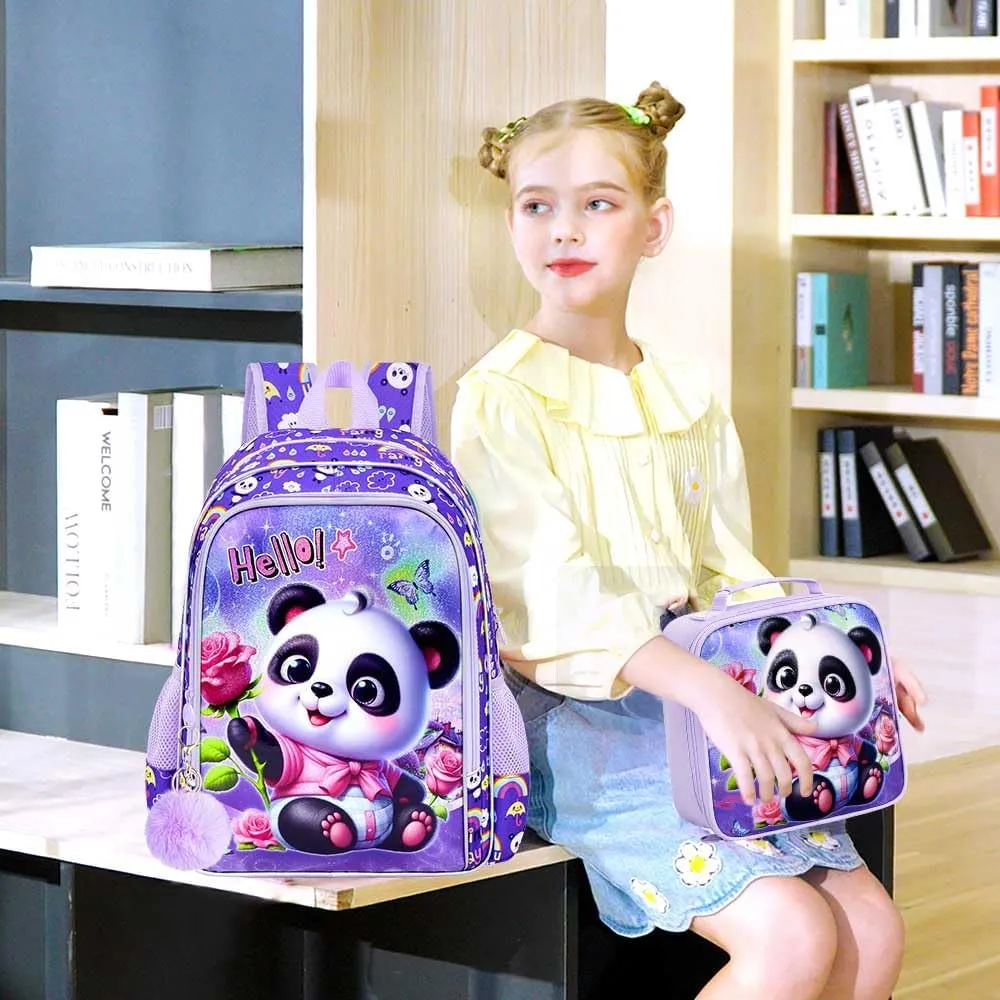 gxtvo 3PCS Girls Panda Backpack, 16" Kids Backpack with Lunch Box, Water Resistant Elementary School Bag for Preschool Toddler