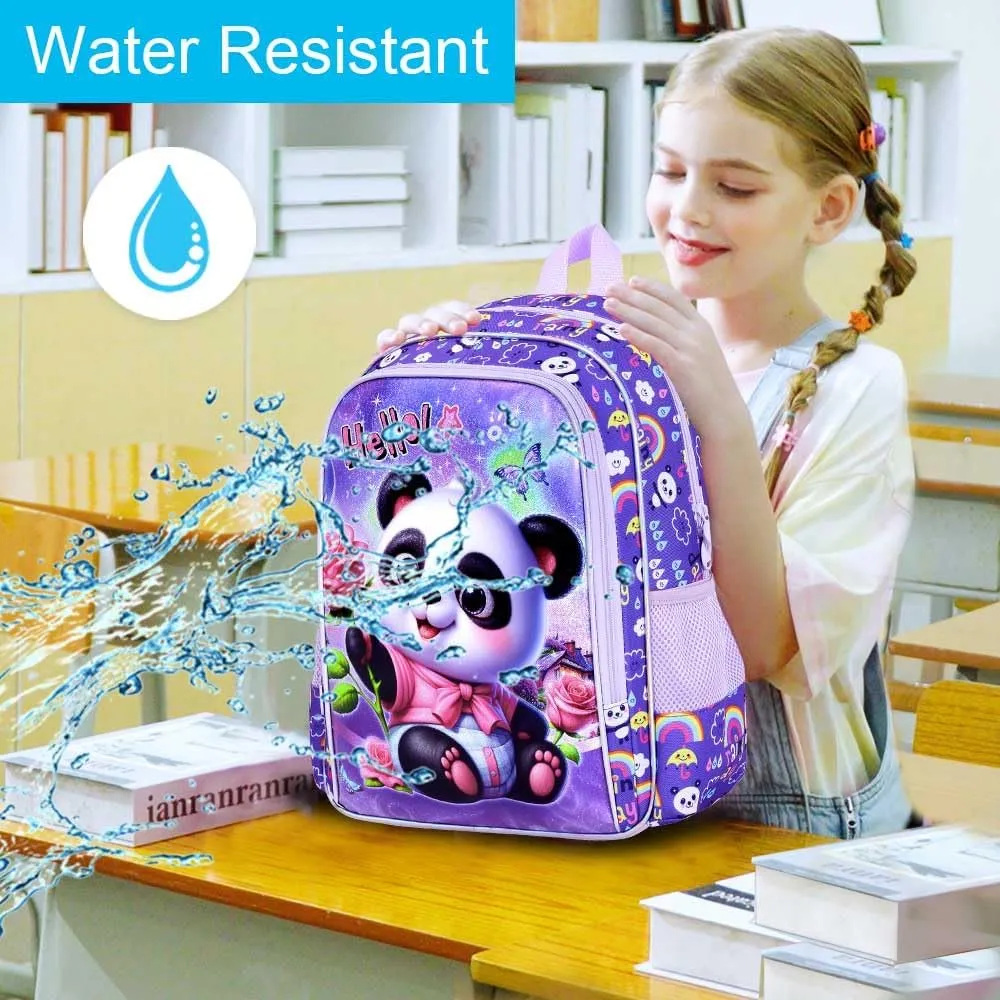 gxtvo 3PCS Girls Panda Backpack, 16" Kids Backpack with Lunch Box, Water Resistant Elementary School Bag for Preschool Toddler