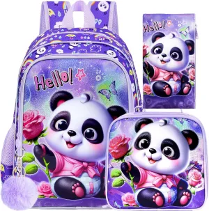 gxtvo 3PCS Girls Panda Backpack, 16" Kids Backpack with Lunch Box, Water Resistant Elementary School Bag for Preschool Toddler