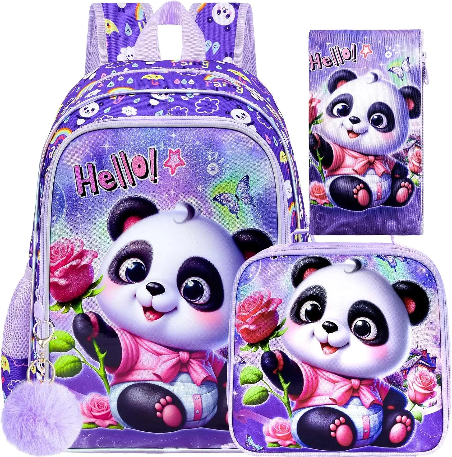 gxtvo 3PCS Girls Panda Backpack, 16" Kids Backpack with Lunch Box, Water Resistant Elementary School Bag for Preschool Toddler