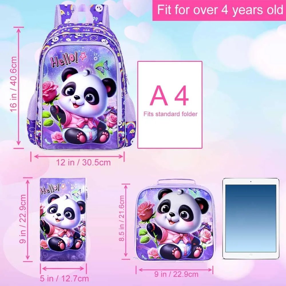 gxtvo 3PCS Girls Panda Backpack, 16" Kids Backpack with Lunch Box, Water Resistant Elementary School Bag for Preschool Toddler