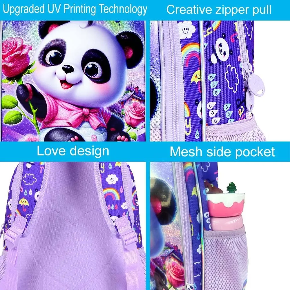 gxtvo 3PCS Girls Panda Backpack, 16" Kids Backpack with Lunch Box, Water Resistant Elementary School Bag for Preschool Toddler