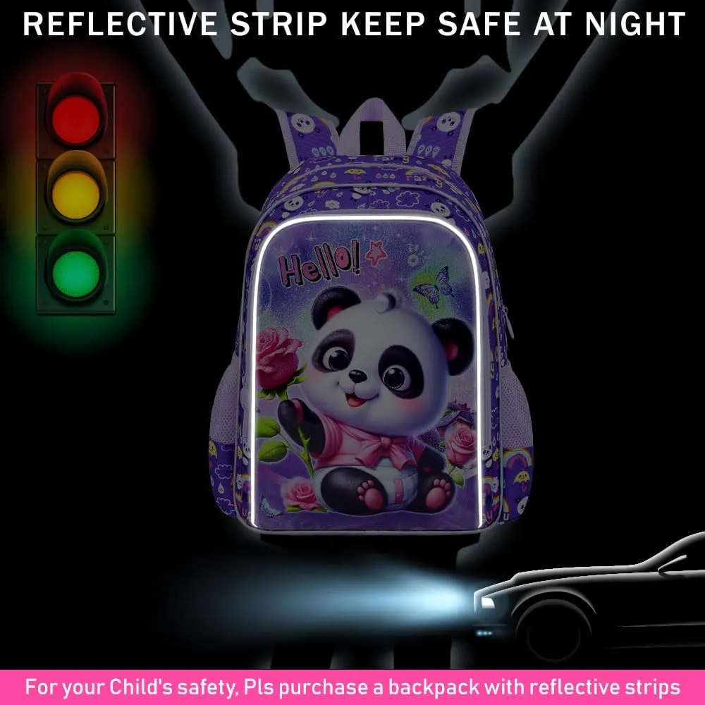 gxtvo 3PCS Girls Panda Backpack, 16" Kids Backpack with Lunch Box, Water Resistant Elementary School Bag for Preschool Toddler