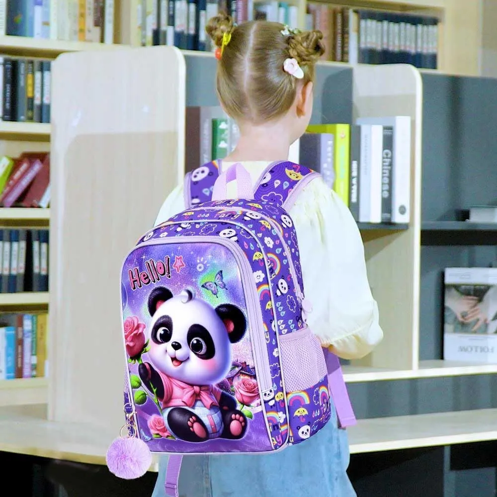 gxtvo 3PCS Girls Panda Backpack, 16" Kids Backpack with Lunch Box, Water Resistant Elementary School Bag for Preschool Toddler