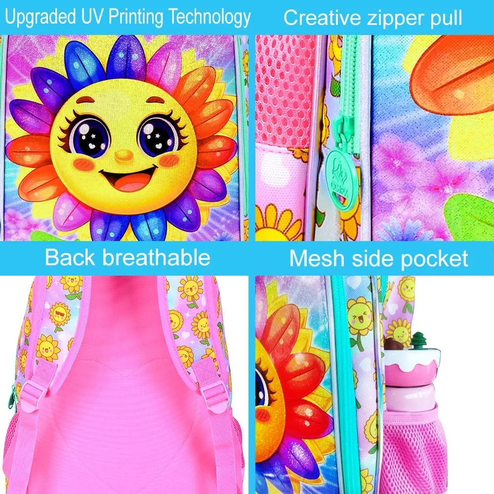 gxtvo 3PCS Kids Smiling Sunflower Bookbag, 16" Girls Bookbag with Lunch Box, Water Resistant Elementary School Bag for Prechool Toddler