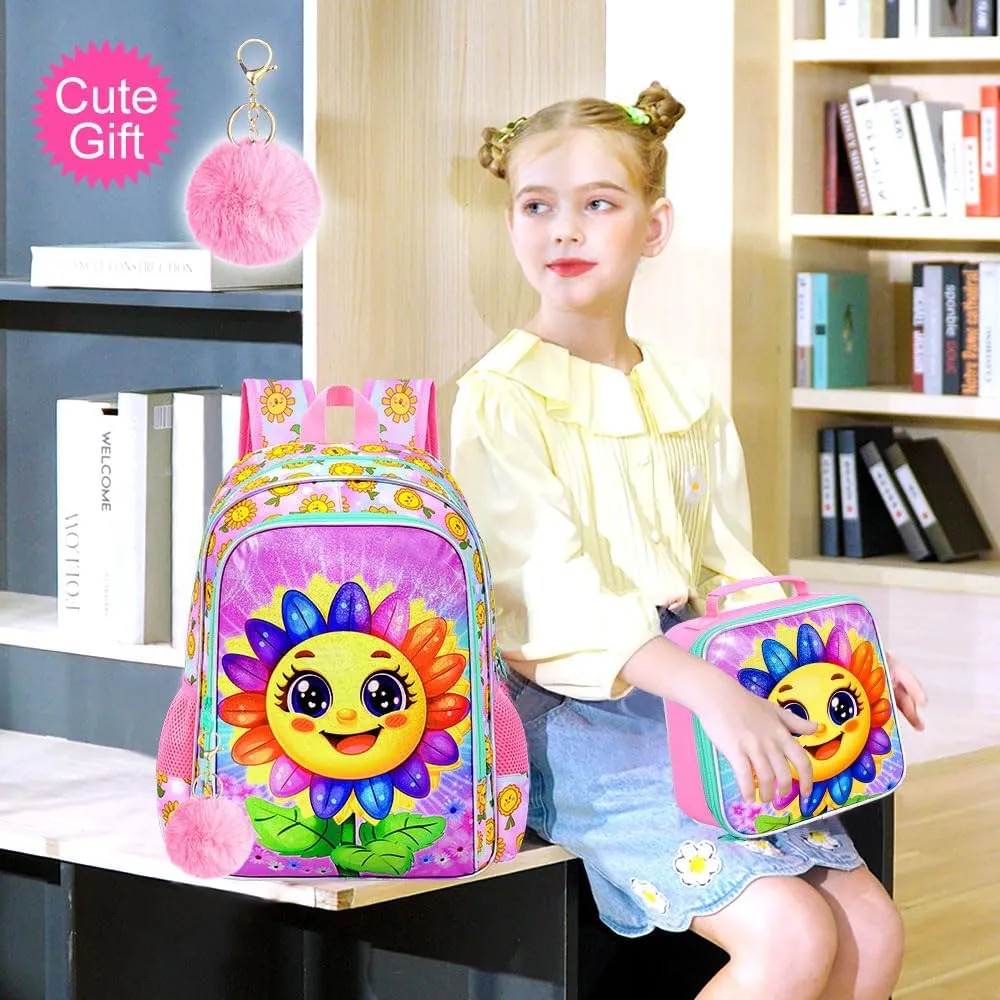 gxtvo 3PCS Kids Smiling Sunflower Bookbag, 16" Girls Bookbag with Lunch Box, Water Resistant Elementary School Bag for Prechool Toddler