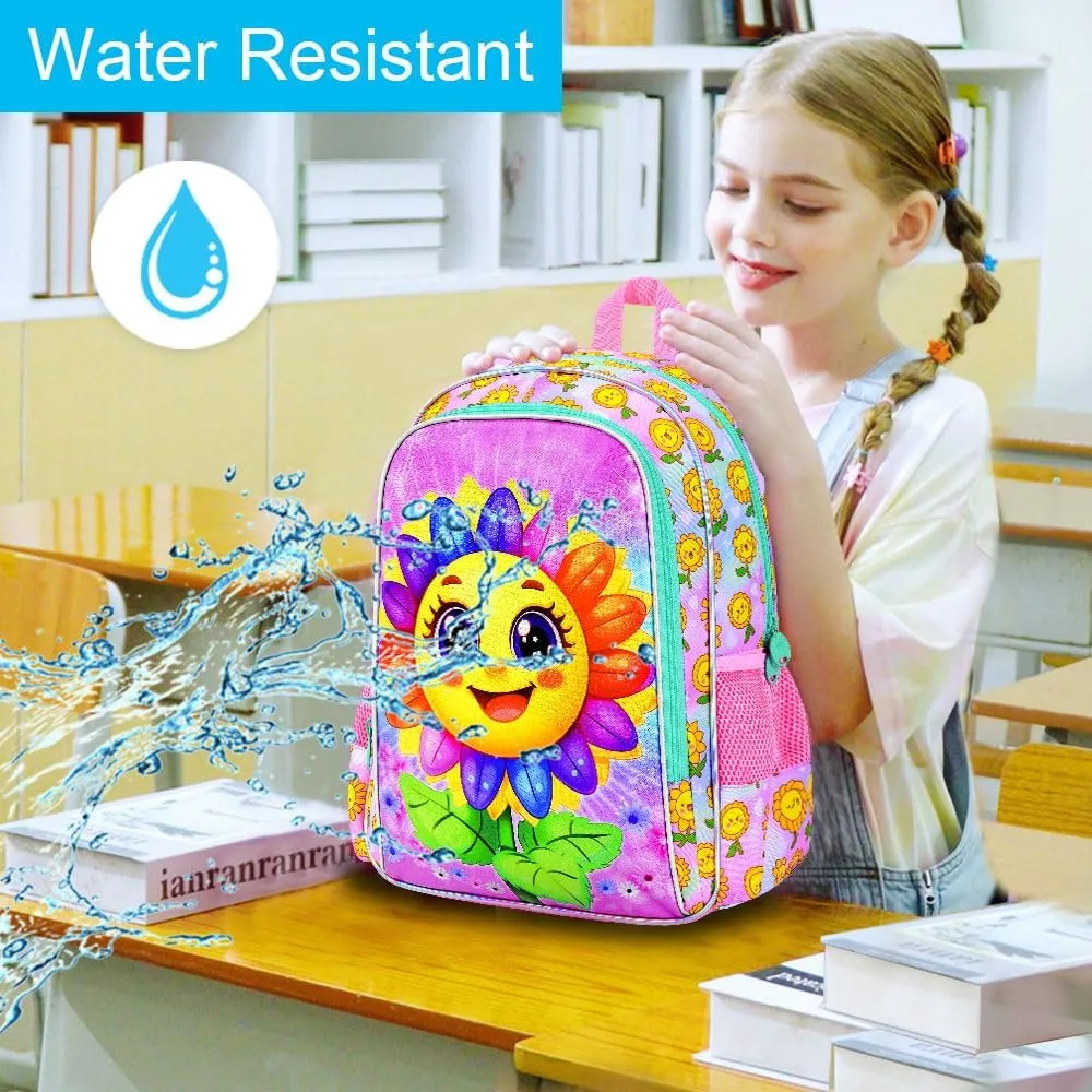 gxtvo 3PCS Kids Smiling Sunflower Bookbag, 16" Girls Bookbag with Lunch Box, Water Resistant Elementary School Bag for Prechool Toddler