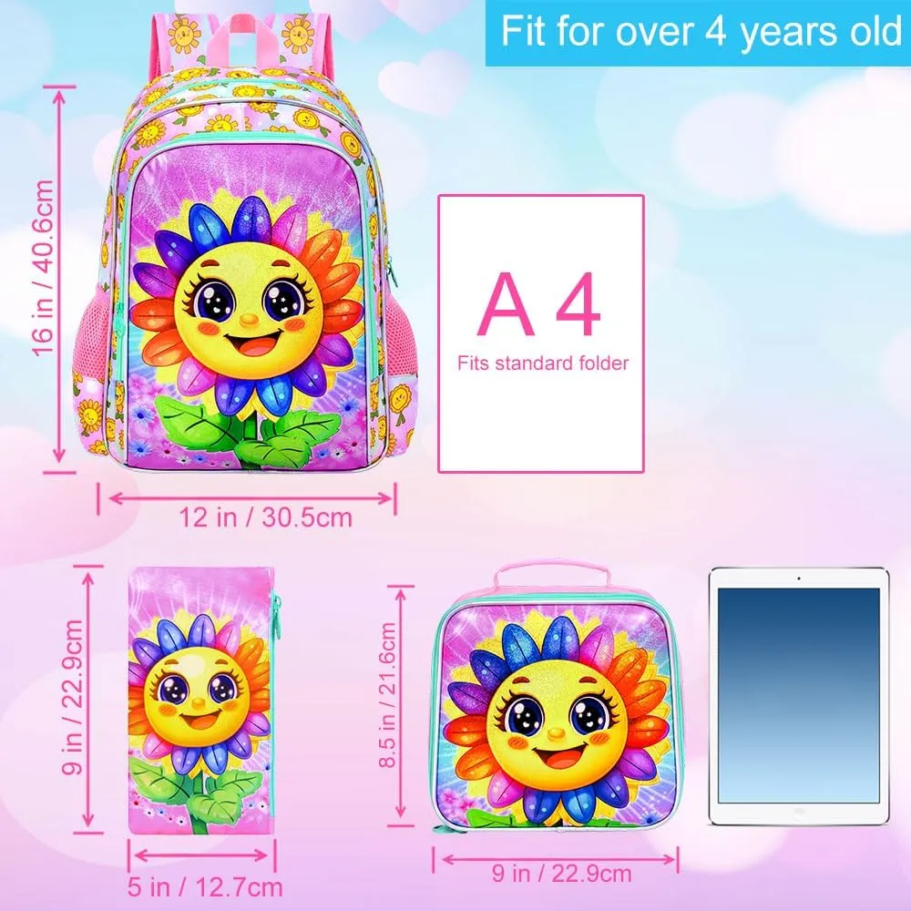 gxtvo 3PCS Kids Smiling Sunflower Bookbag, 16" Girls Bookbag with Lunch Box, Water Resistant Elementary School Bag for Prechool Toddler