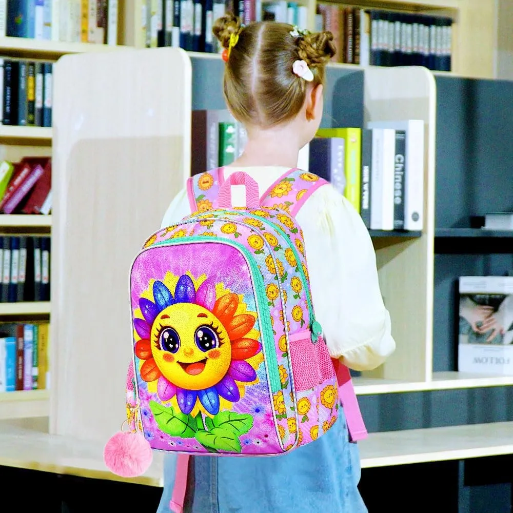 gxtvo 3PCS Kids Smiling Sunflower Bookbag, 16" Girls Bookbag with Lunch Box, Water Resistant Elementary School Bag for Prechool Toddler
