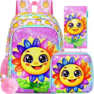 gxtvo 3PCS Kids Smiling Sunflower Bookbag, 16" Girls Bookbag with Lunch Box, Water Resistant Elementary School Bag for Prechool Toddler