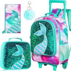 gxtvo Girls Rolling Backpack, Kids Wheels Bookbag - Roller Elementary Sequin School Bag - 3PCS Unicorn Mermaid Green
