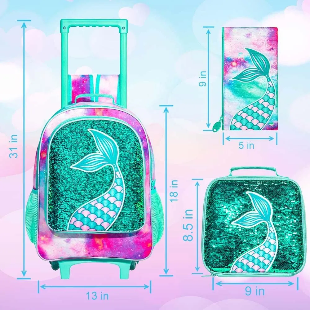 gxtvo Girls Rolling Backpack, Kids Wheels Bookbag - Roller Elementary Sequin School Bag - 3PCS Unicorn Mermaid Green