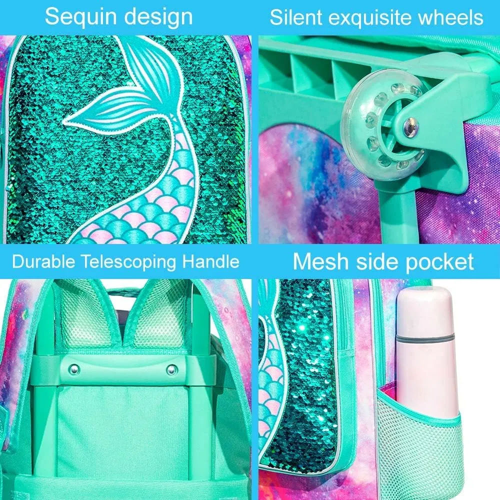 gxtvo Girls Rolling Backpack, Kids Wheels Bookbag - Roller Elementary Sequin School Bag - 3PCS Unicorn Mermaid Green